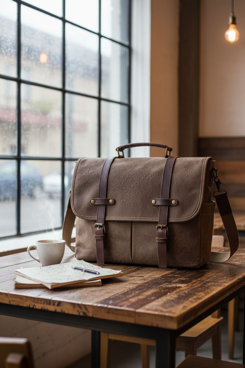 NEWHEY brown leather messenger bag on a rustic wooden table, evoking a cozy café atmosphere.