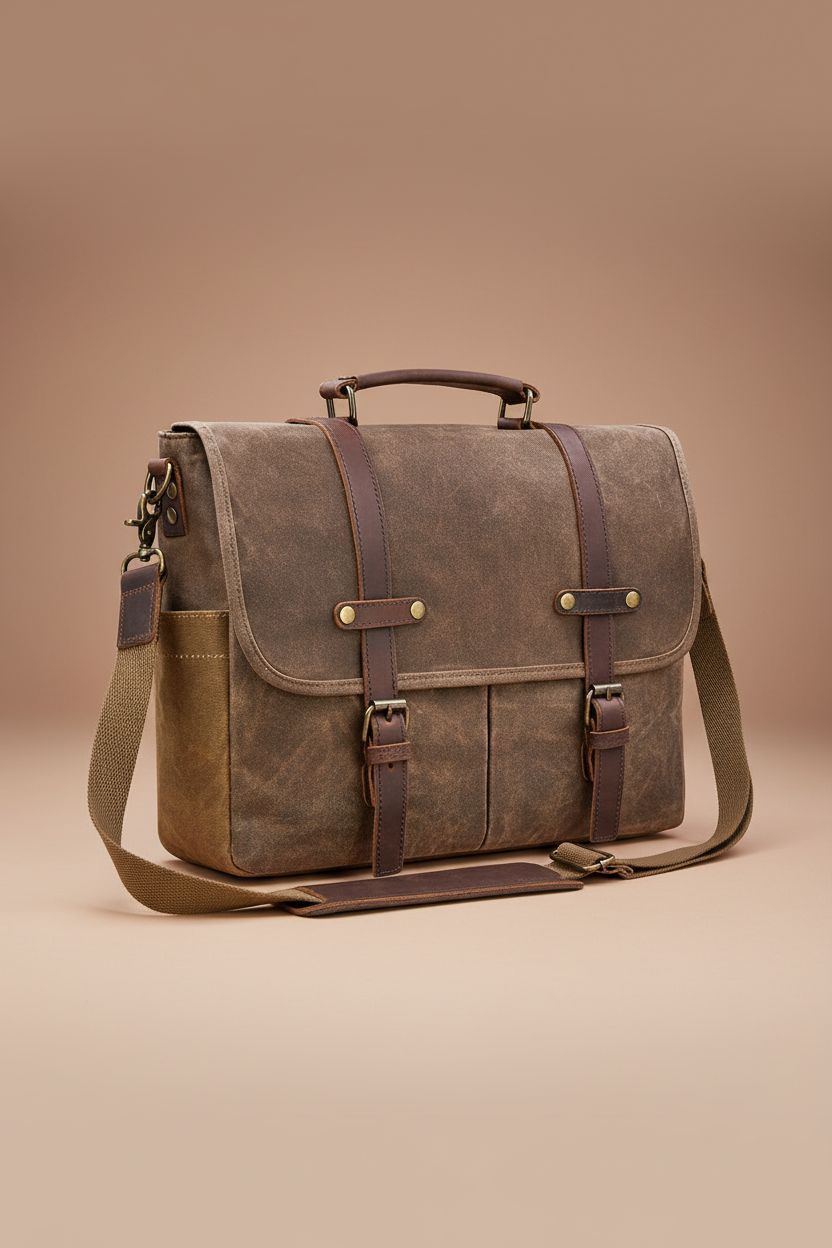 NEWHEY brown leather bag featuring magnetic snaps and a coiled strap, highlighting premium materials.