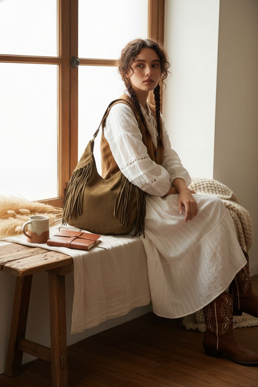ZNMDOK brown suede bag resting on a rustic bench, enhancing a cozy, inviting atmosphere.