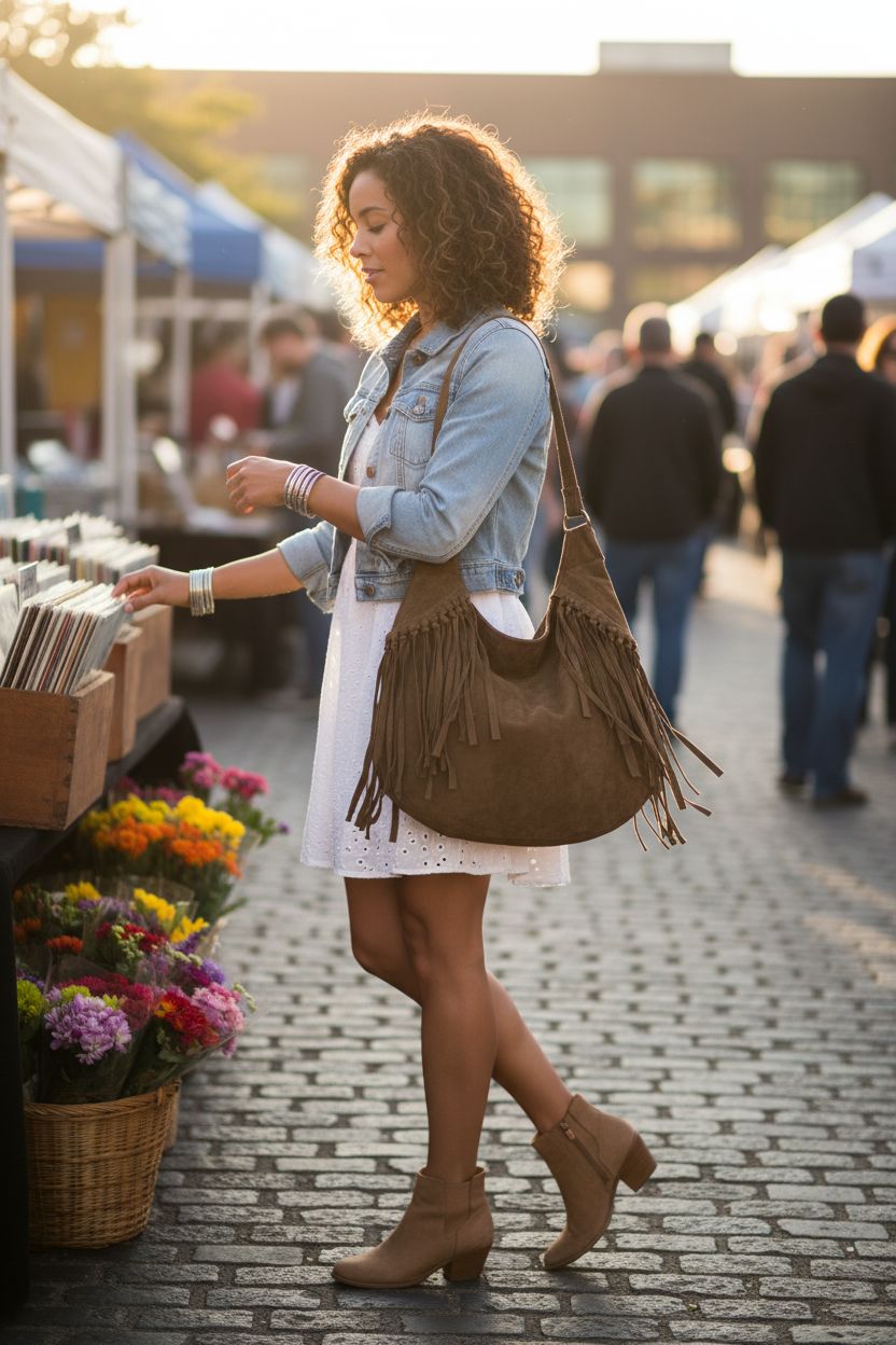 ZNMDOK brown suede hobo bag with fringe, capturing a vibrant market stroll vibe.