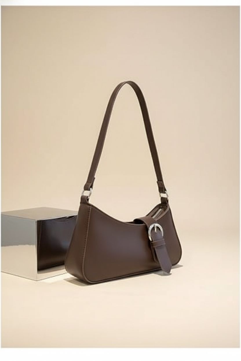 Product shot of Verdusa coffee brown buckle crescent handbag highlighting its refined silhouette and materials