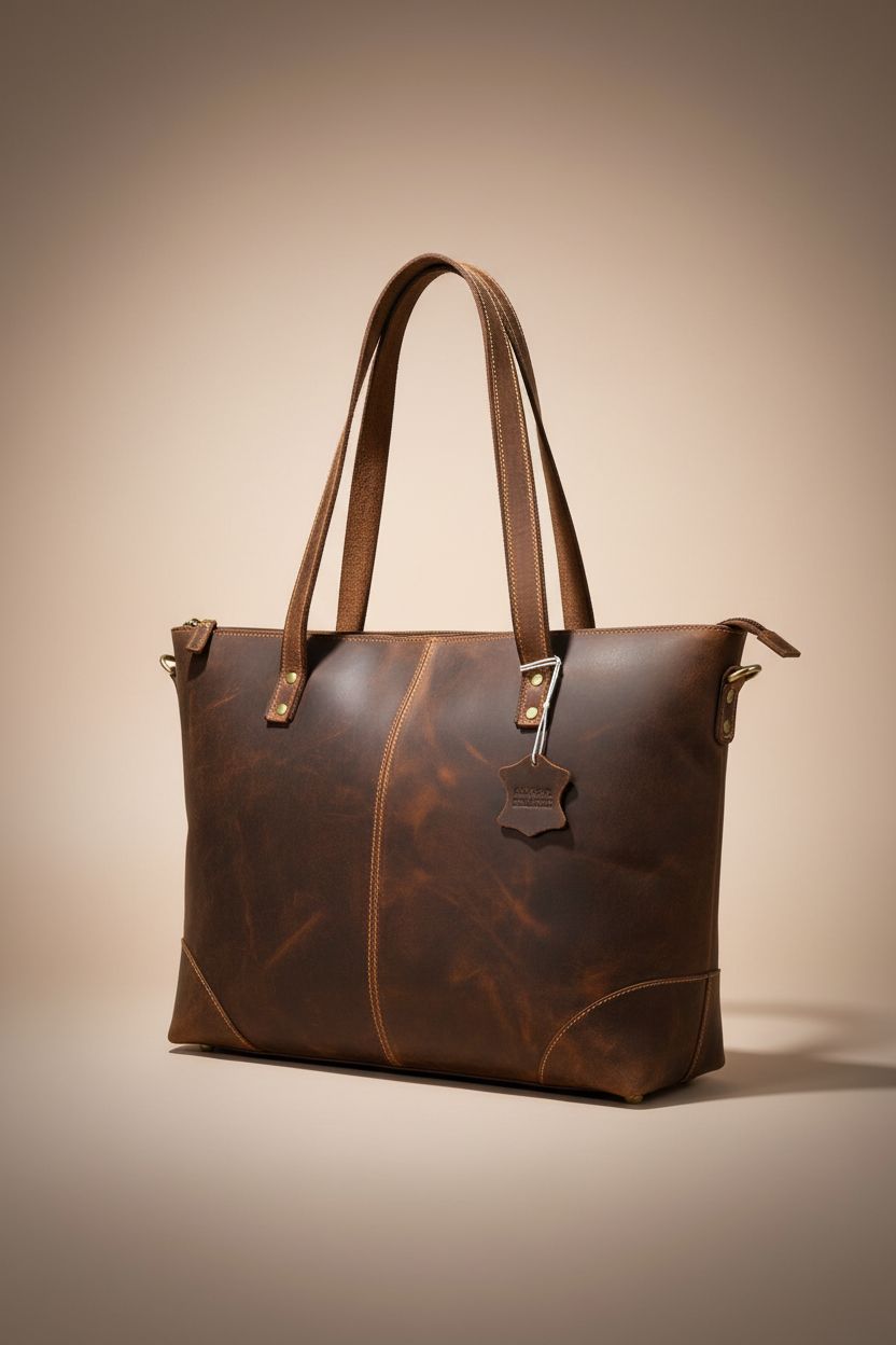 ROCHERE buffalo leather tote bag showcased in a studio, highlighting its premium quality and craftsmanship.