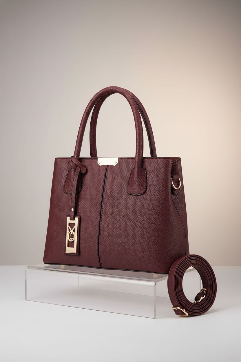 Product shot of COCIFER burgundy handbag with coiled strap on a minimalist backdrop.