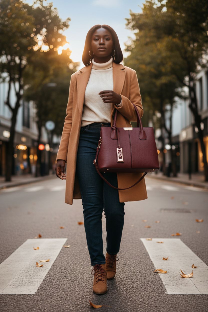 Burgundy handbag by COCIFER showcased with gold-tone hardware during golden hour in a chic setting.