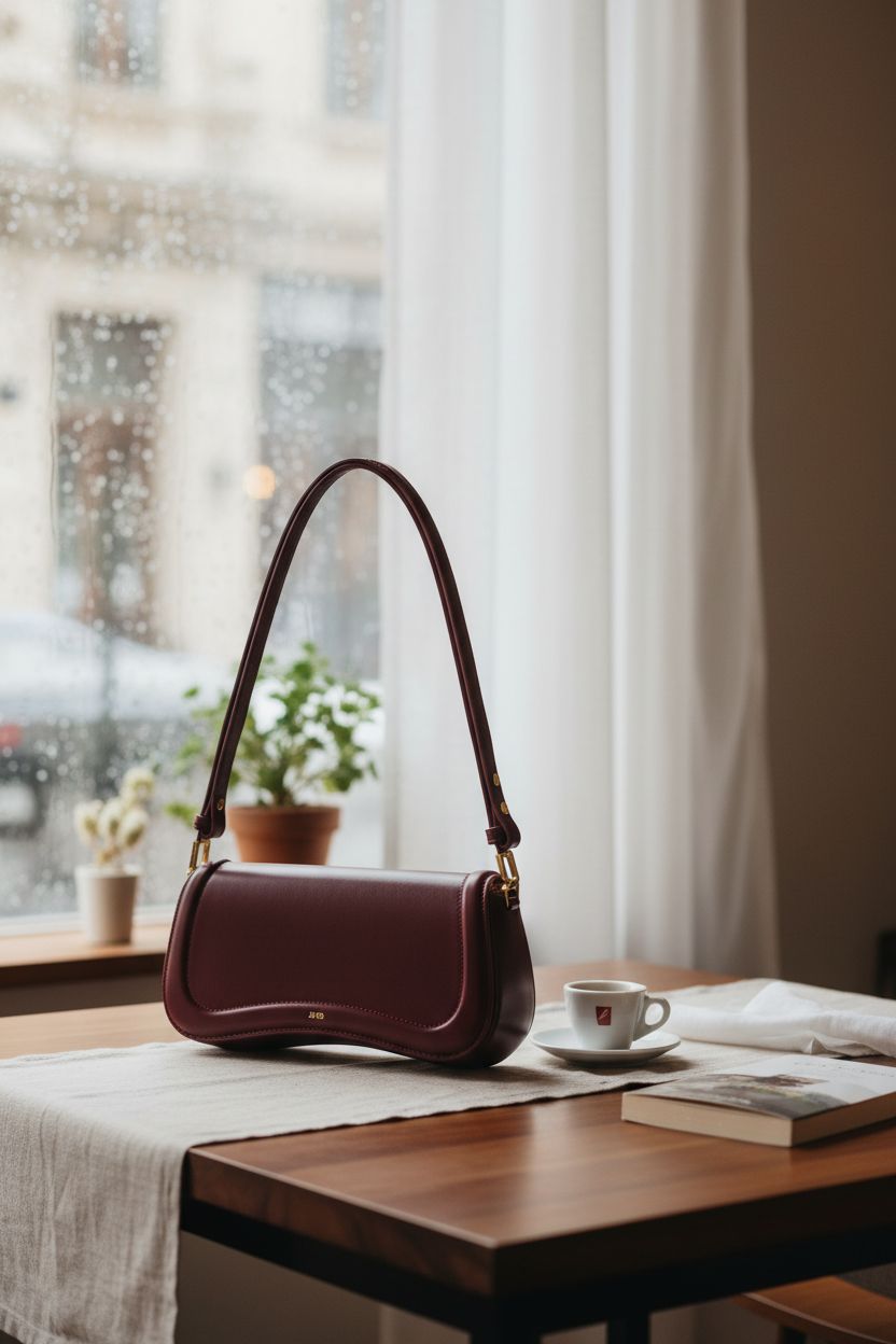 JW PEI deep claret shoulder bag resting on a café table with espresso, creating a cozy atmosphere.