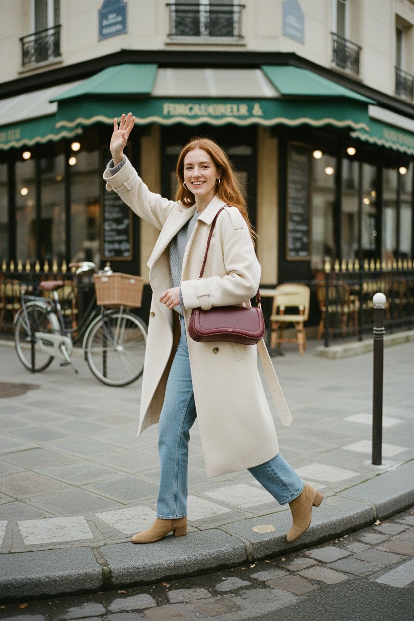JW PEI deep claret shoulder bag styled with cream coat and light-wash denim in a cozy café setting.