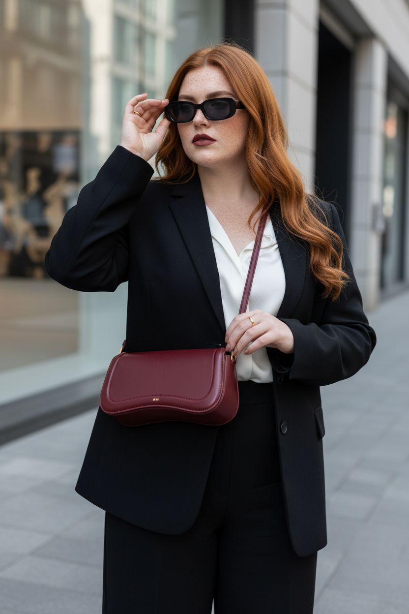JW PEI deep claret shoulder bag paired with a chic black blazer and trousers in an art gallery context.