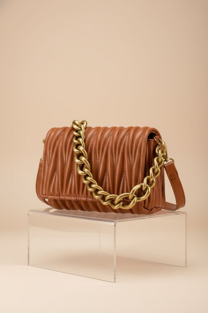 Montana West burnt orange purse displayed on a minimal acrylic riser, highlighting its chic design.