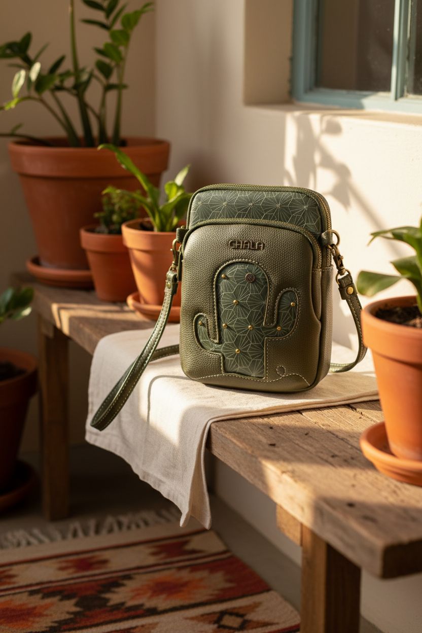CHALA olive cactus leather bag on a rustic bench with warm decor.