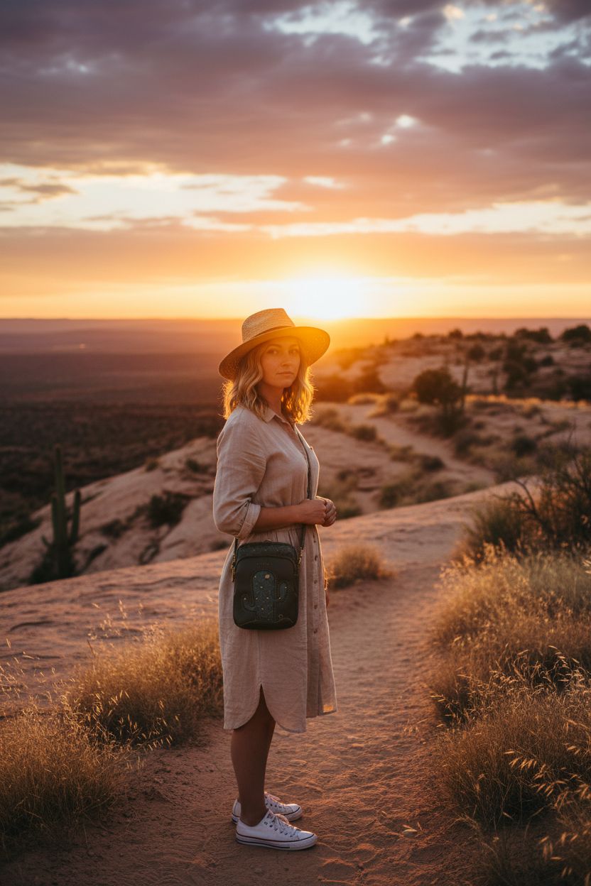Olive cactus leather crossbody bag by CHALA against a sunset desert backdrop.