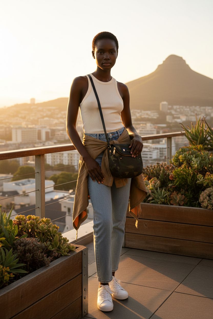 Marc Jacobs camo nylon mini crossbody bag in a rooftop garden setting, showcasing unique texture.