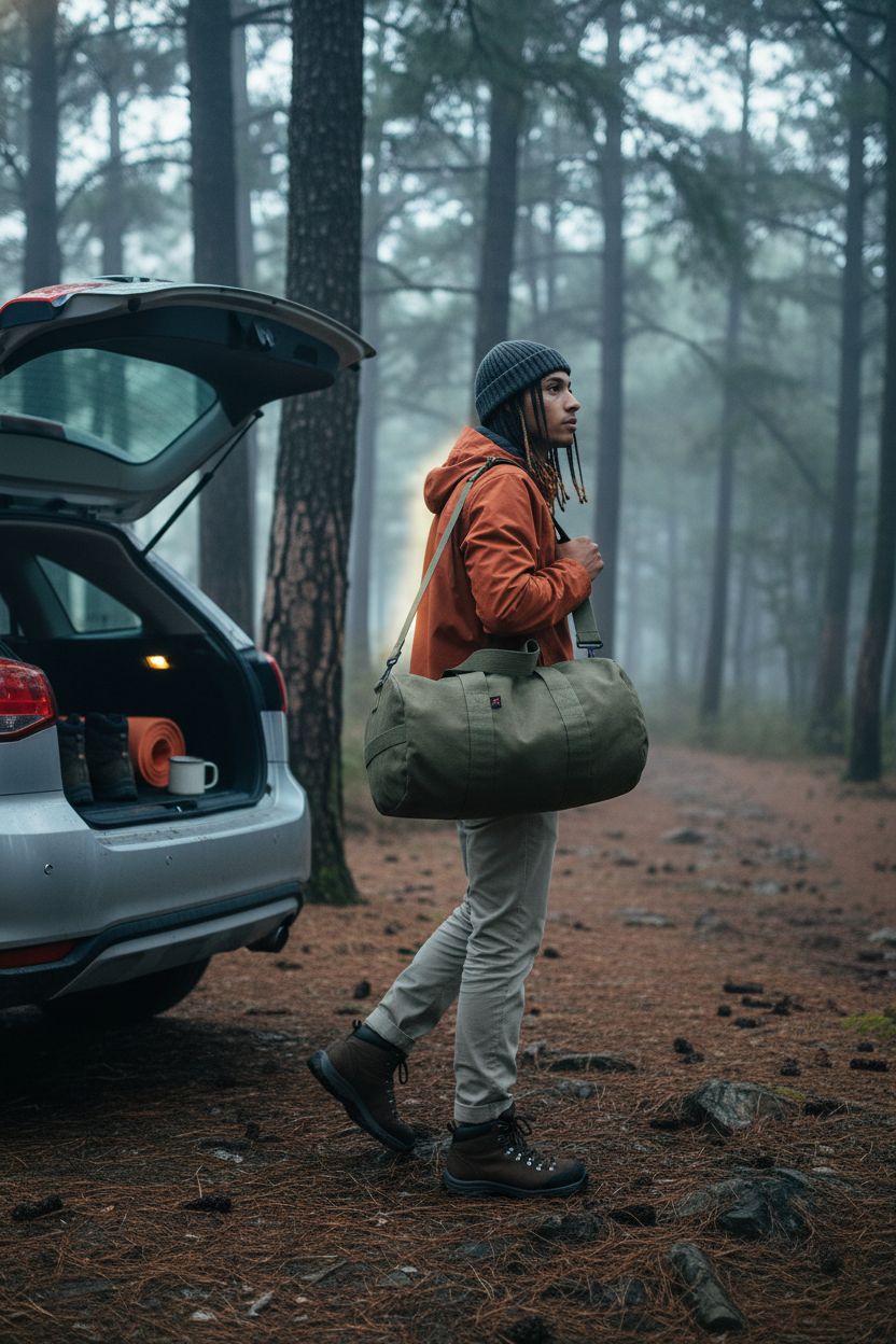 Rothco olive drab canvas duffle bag on a pine forest trail, perfect for outdoor adventures.