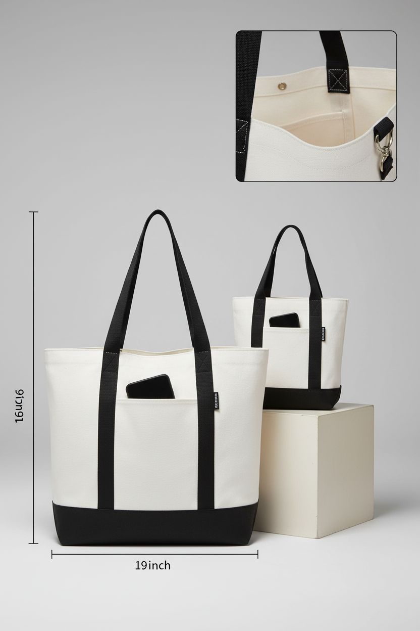 Product shot of TAOZIM canvas tote bag showcasing pockets and texture