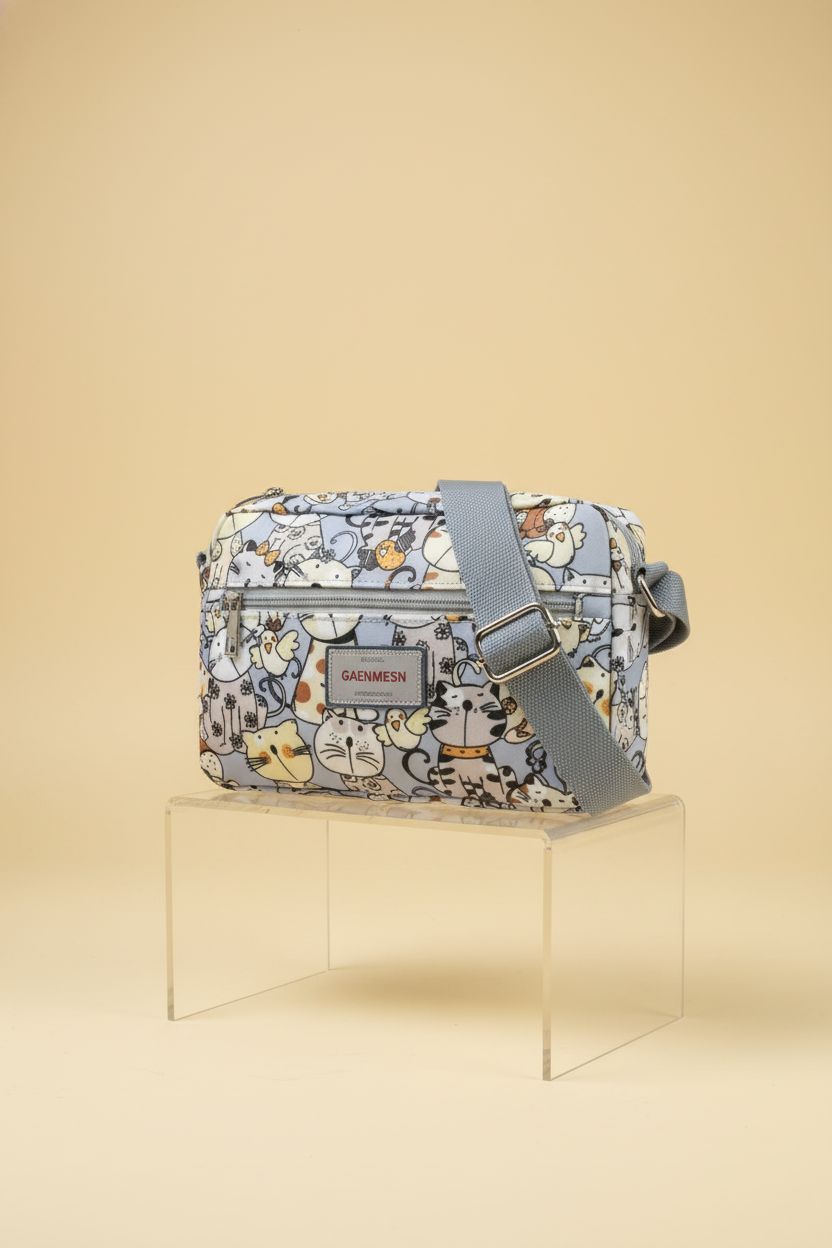 Close-up of GAENMESN cat print crossbody bag highlighting its durable materials and craftsmanship.