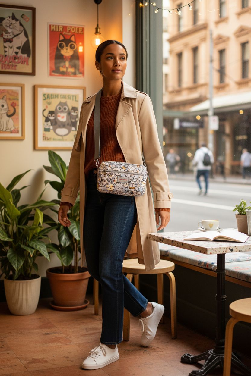 GAENMESN cat print crossbody bag worn at hip in cozy café, ideal for everyday use.