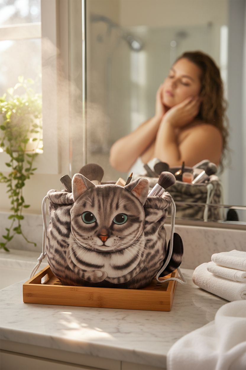Relaxing bathroom scene featuring Openhahaha cat bag with brushes on a marble counter.