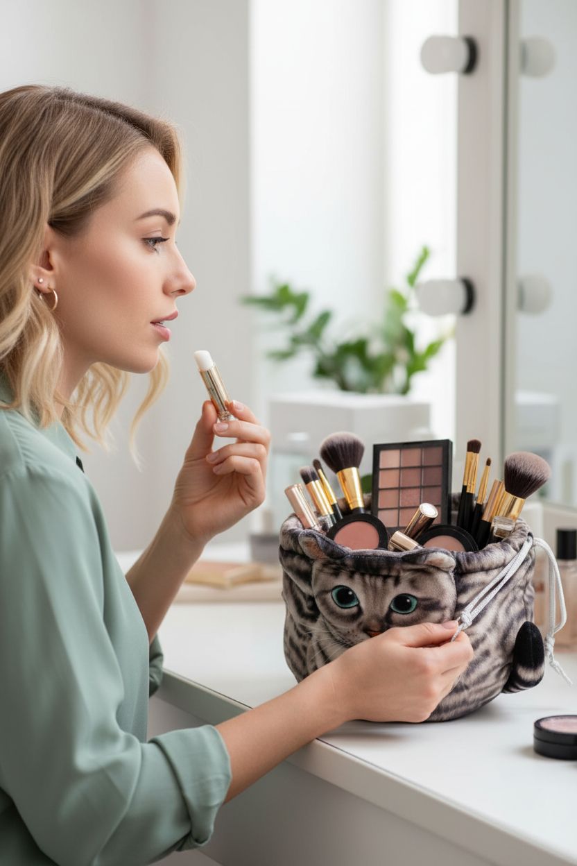 Openhahaha cat purse in use at a vanity, filled with makeup brushes and palettes.