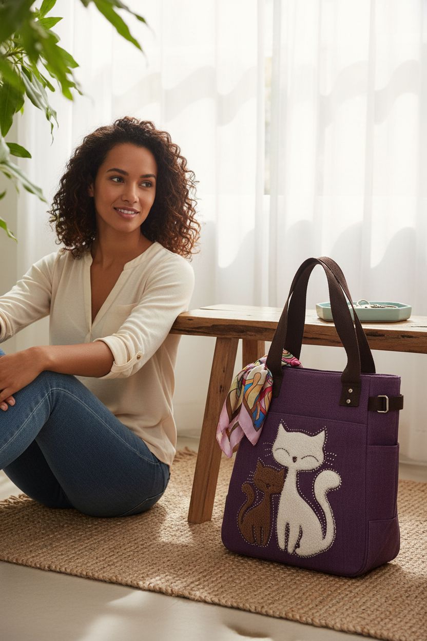 Valentoria purple canvas tote in a cozy reading nook, with a scarf and keys nearby, exuding warmth.