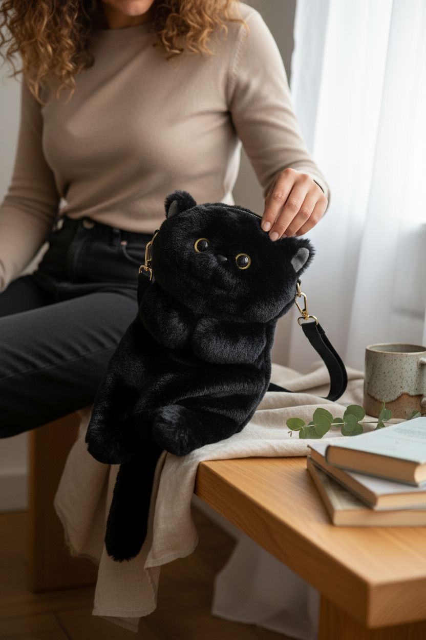 HUIJUFU black cat bag resting on oak bench in cozy reading nook, ideal for relaxed days.