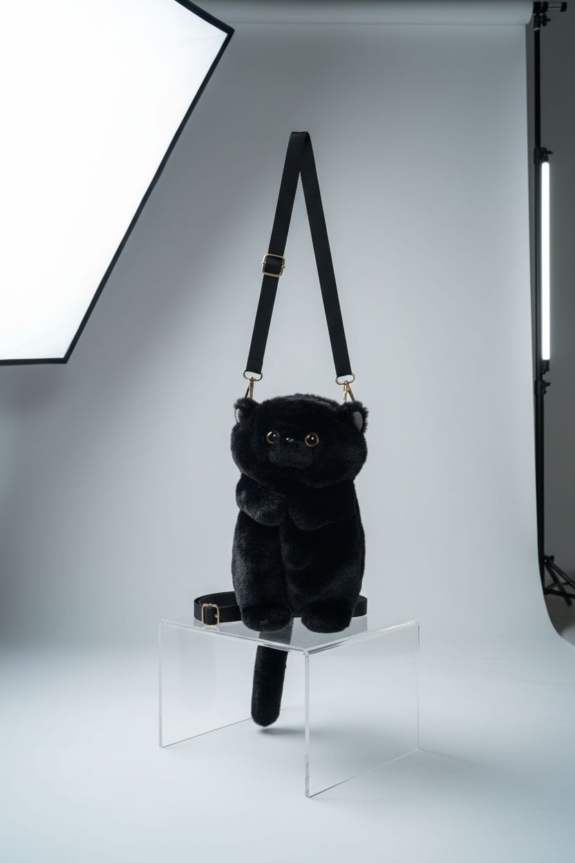 HUIJUFU black cat purse displayed in studio, highlighting its plush material and craftsmanship.