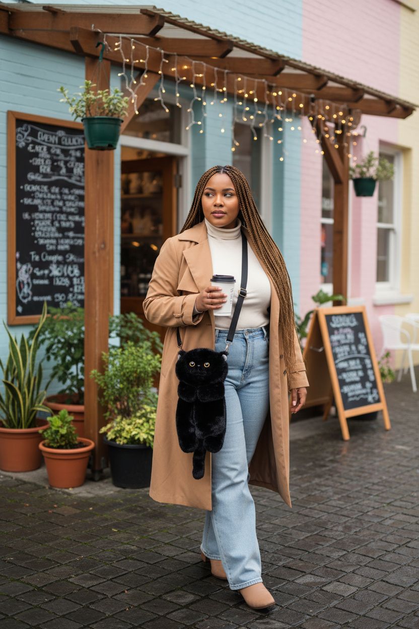 HUIJUFU black cat-shaped purse outside a colorful café, perfect for casual outings.