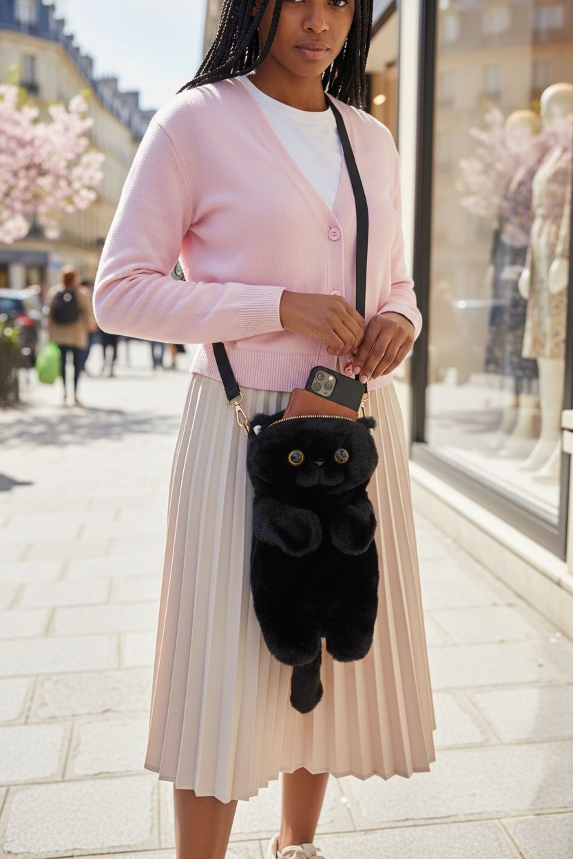 HUIJUFU black cat purse being adjusted by a woman near boutique, showcasing its charm.