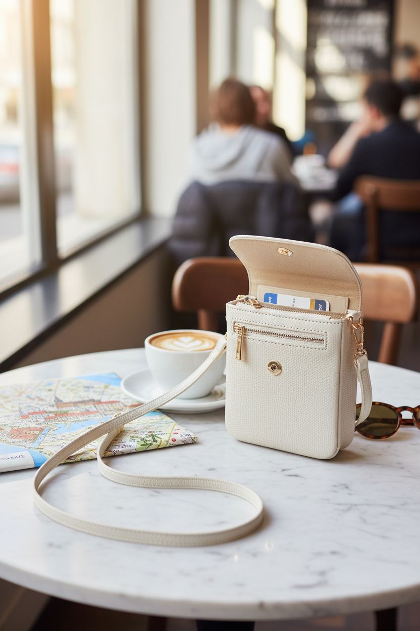 BOSTANTEN crossbody bag resting in a sunny café, showcasing versatility and elegance in a relaxed setting.