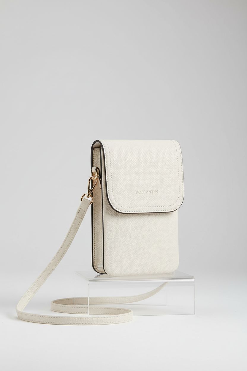 BOSTANTEN vegan leather cell phone wallet purse on a light grey background, emphasizing its sleek design and quality.