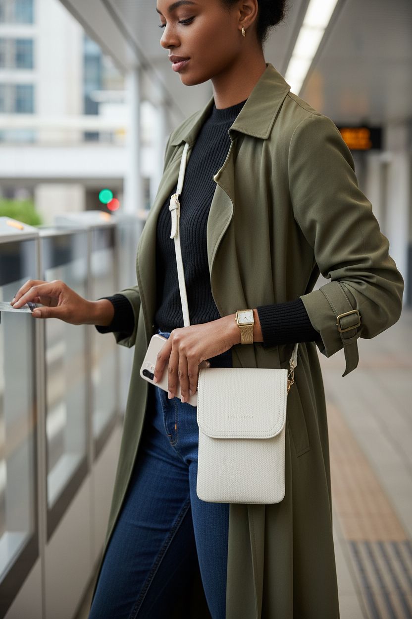 BOSTANTEN white vegan leather crossbody bag at a modern transit platform, showcasing style and functionality.