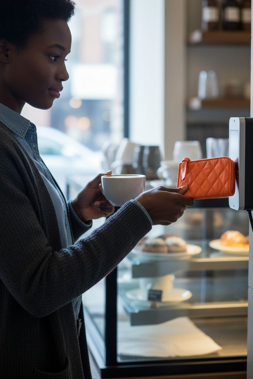 Vera Bradley koi orange zip card pouch held at a café payment station