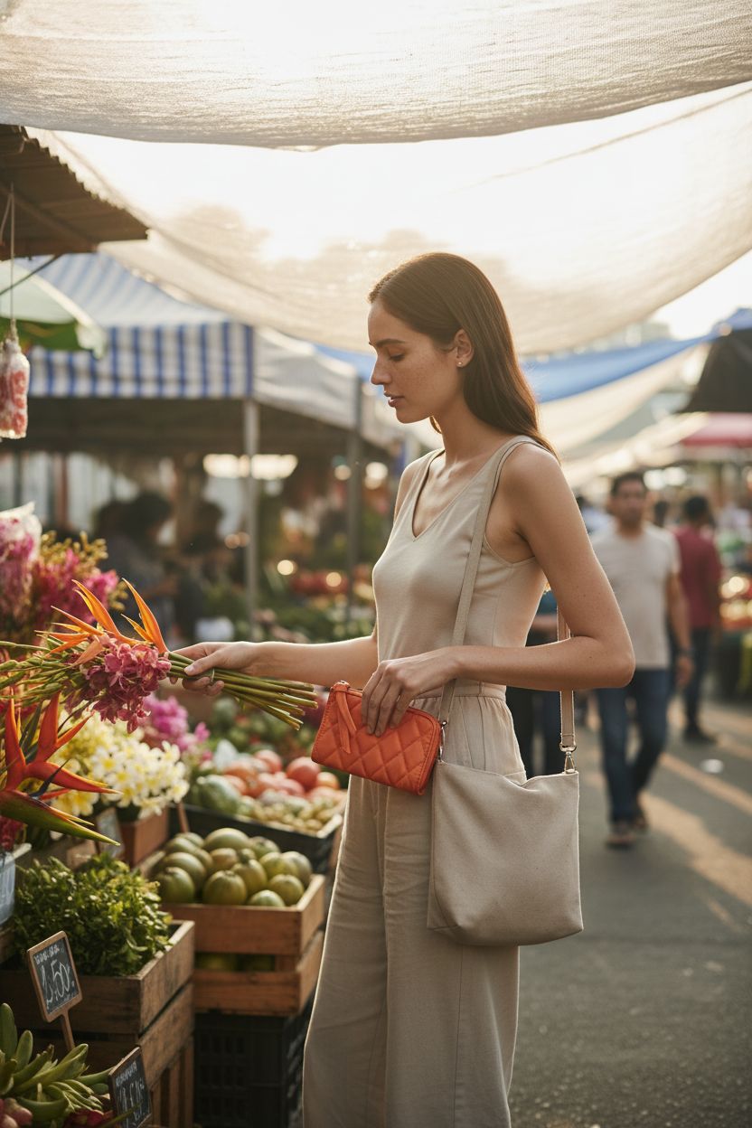 Quilted koi orange change purse being used at a vibrant farmers market