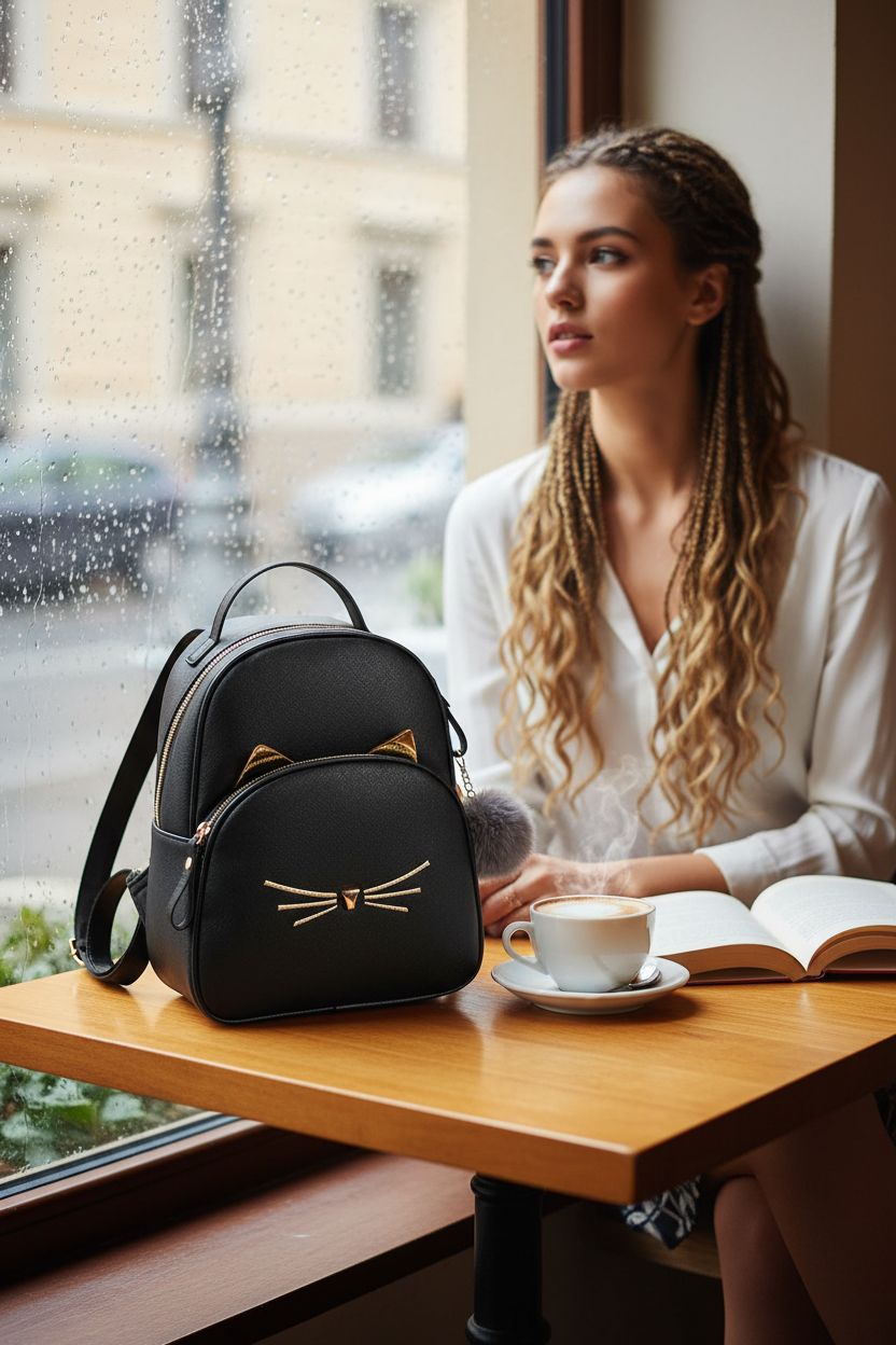 Cozy scene with PRLINJSK mini backpack purse beside a latte in a rainy café window