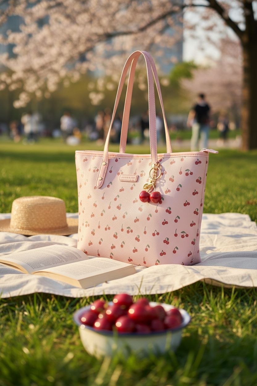 Hibear cherry print tote bag on a picnic blanket with cherries and a book, creating a cozy outdoor vibe.