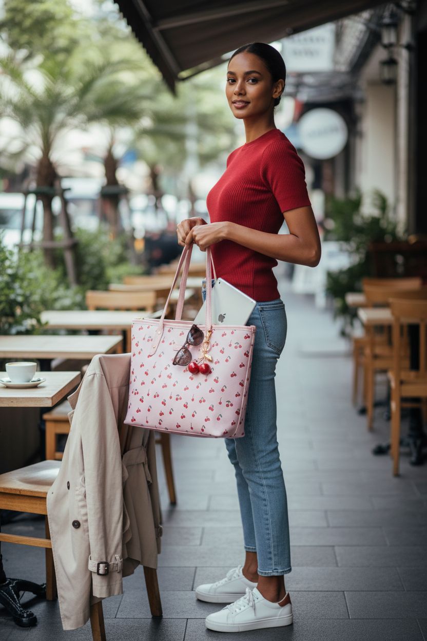 Hibear cherry print tote bag with zipper and inner pocket on café chair, showcasing faux leather texture.