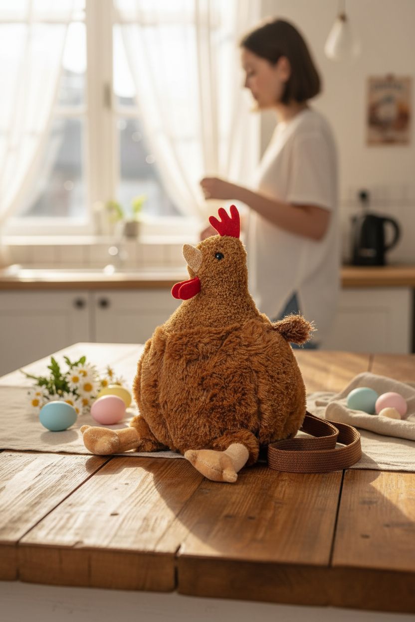 Wiywef chicken purse on a rustic table with pastel eggs and flowers, creating a whimsical vibe.