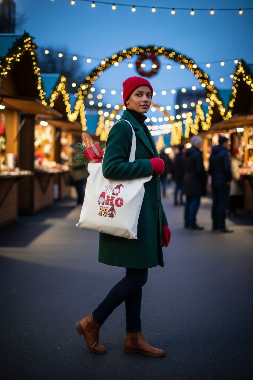 VADOO Christmas tote bag at a festive outdoor market featuring twinkle lights