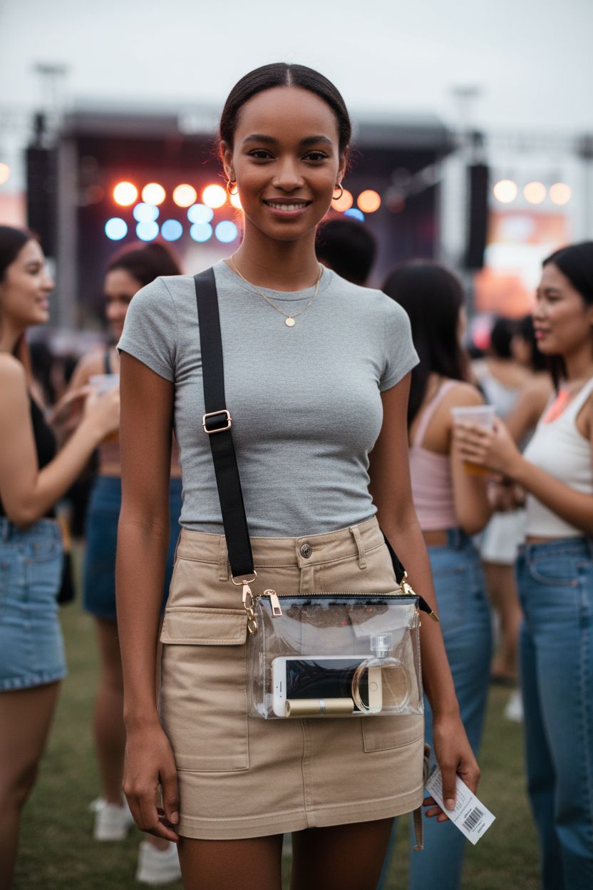 Bulado clear crossbody bag showcased at an outdoor concert, perfect for sporting events.