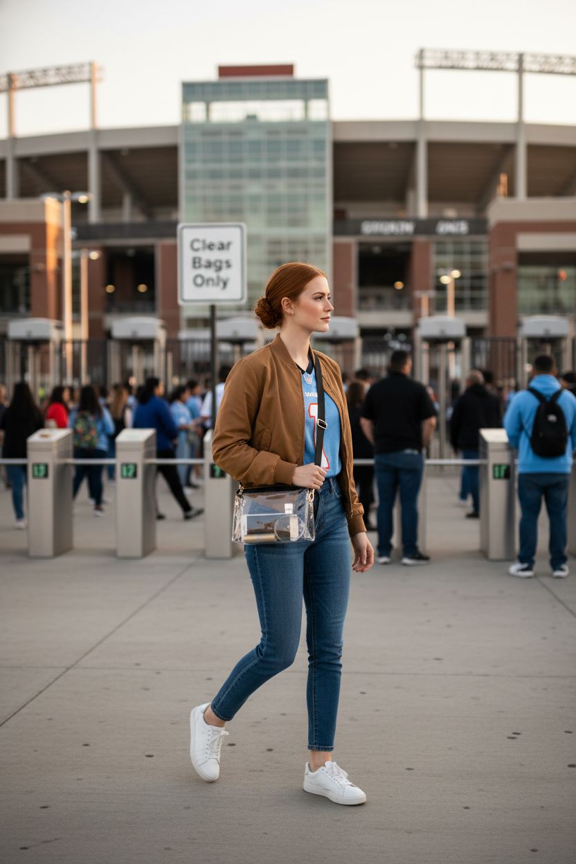 Bulado clear bag worn at a stadium entrance, ideal for game day essentials.