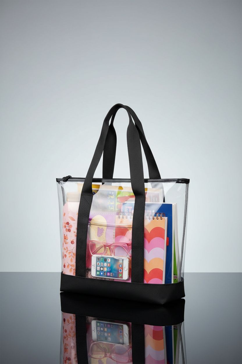 Handy Laundry clear vinyl tote bag displayed in a studio, highlighting its sleek design and durable material