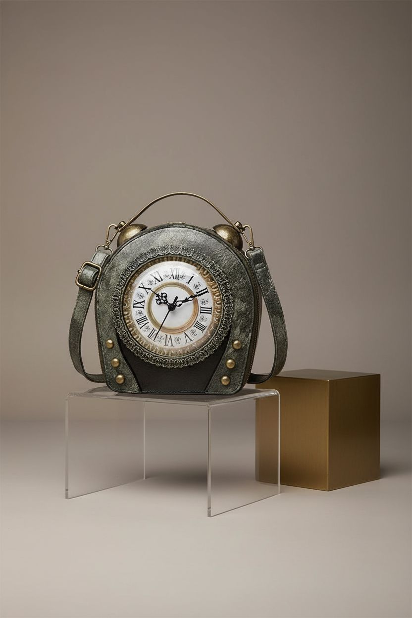 Product showcase of AAFLY's clock purse on an acrylic riser in studio lighting.