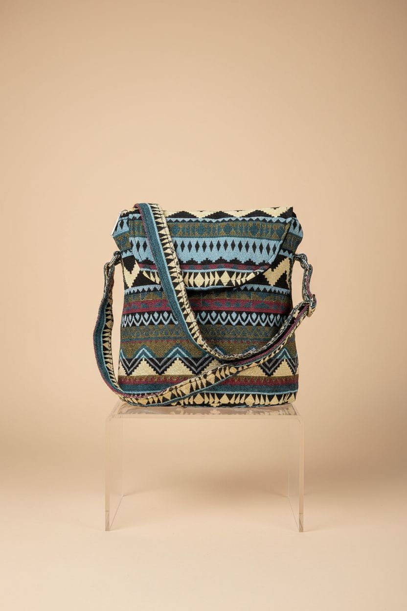 Tramzzd M crossbody purse showcased on a seamless backdrop, highlighting denim texture and craftsmanship.