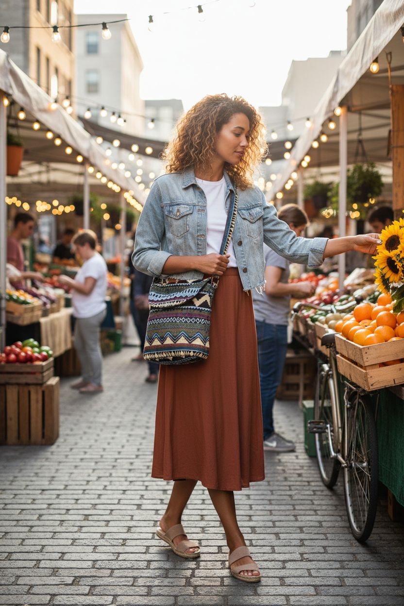 Tramzzd M denim crossbody purse with vibrant colors at a farmer's market, ideal for casual outings.