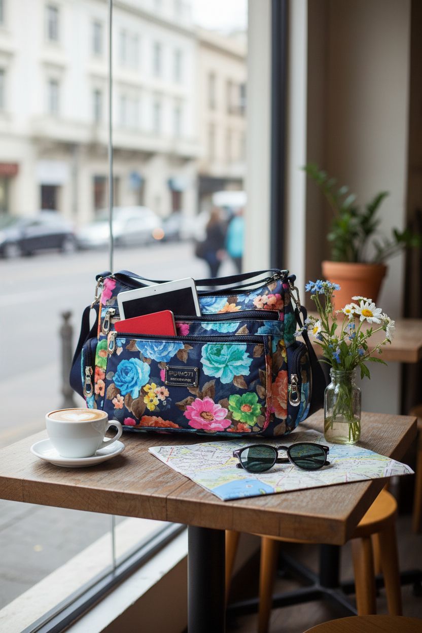 NOTAG floral nylon crossbody bag on a wooden table in a café, showcasing its stylish and functional design.