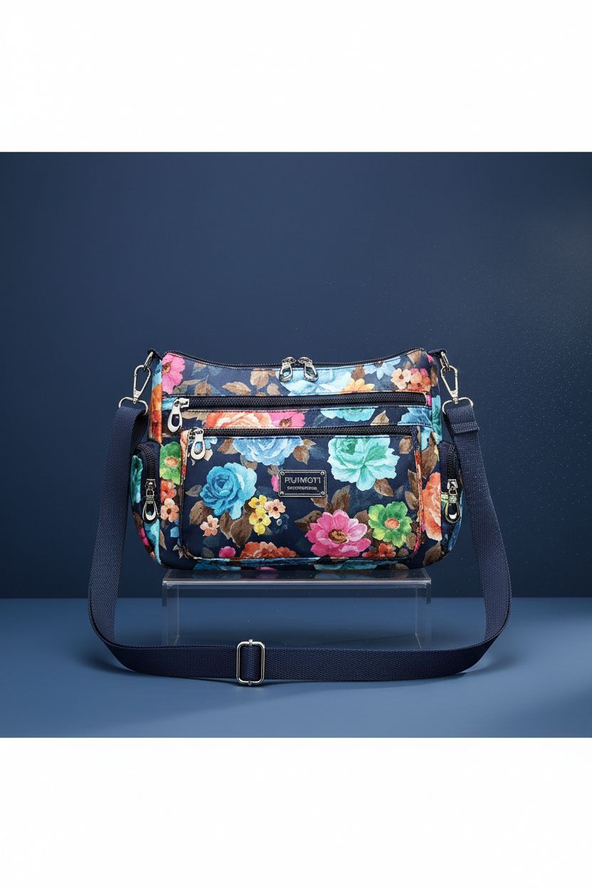 Close-up of NOTAG floral nylon crossbody bag highlighting its sleek design and water-resistant features.