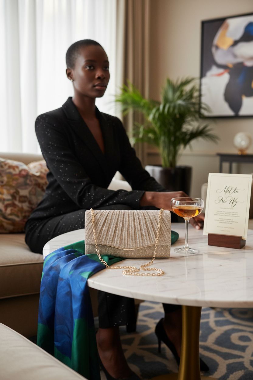 Champagne clutch by lovyoCoCo on marble table in a refined hotel lounge, ideal for events