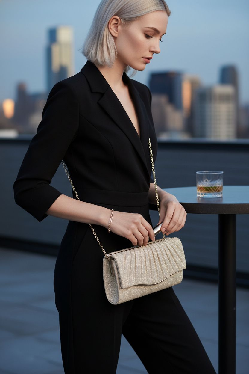 Stylish champagne clutch bag by lovyoCoCo on a rooftop setting, perfect for evenings out