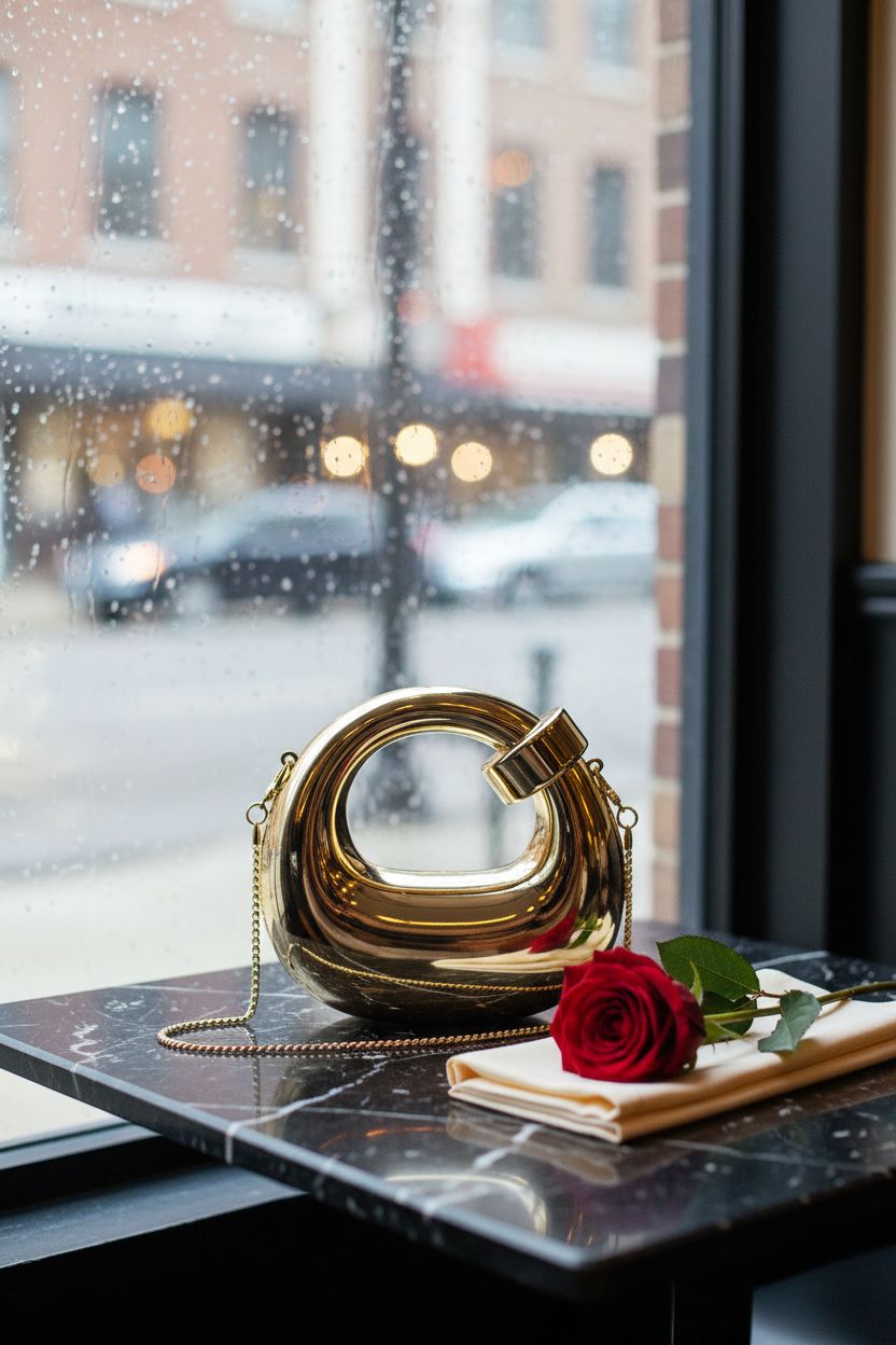 QWINEE gold clutch purse on black marble table in cozy bistro setting.