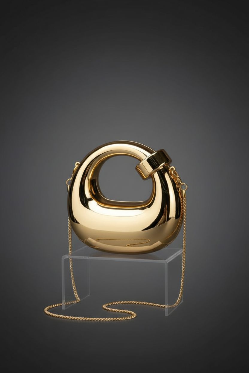 QWINEE gold metallic round clutch purse displayed on acrylic riser.