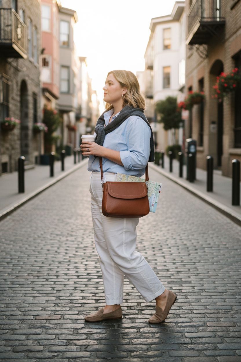 Befen cognac leather crossbody bag on cobblestone street, perfect for travel and style