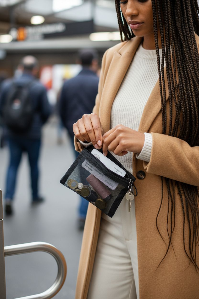 Limbeuuu black mesh coin purse opened at subway turnstiles revealing coins and a card